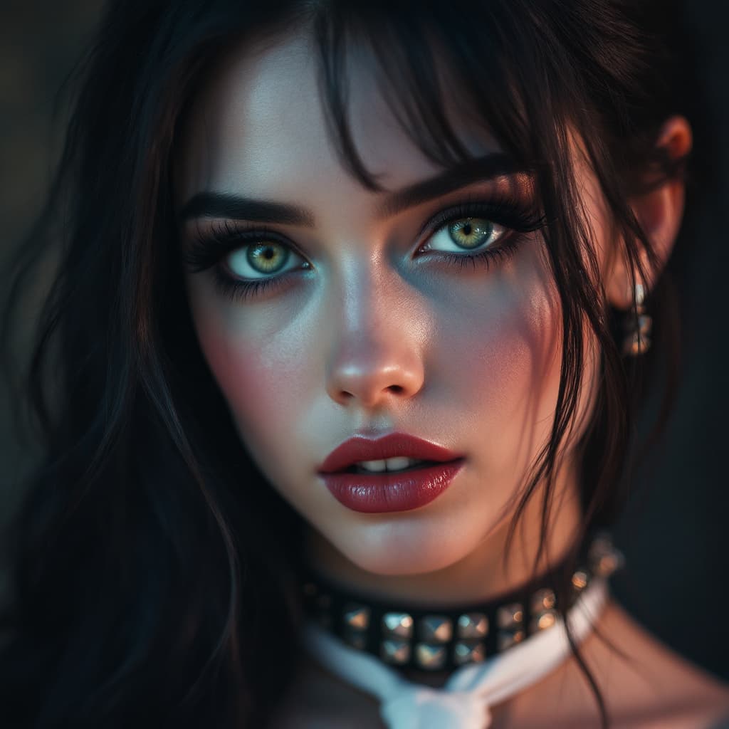 AI generated: cute girl, A close-up portrait of a woman with striking features. She has long, flowing dark hair, p...