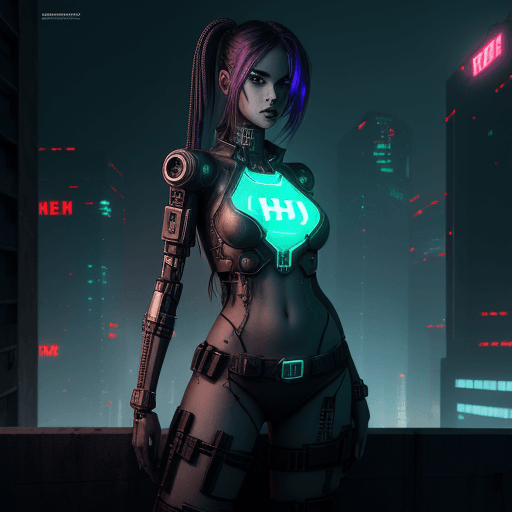 AI generated: concept art, a cyberpunk girl with Prompt Hero text on her chest, standing on rooftop with a dark dy...