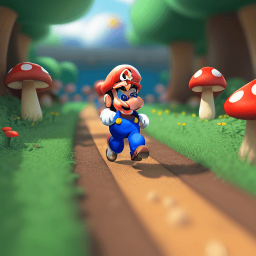 AI generated: Super-Mario running, Mushroom Kingdom background, 32k, closeup, trending on poltcount 3D, game --v 5...
