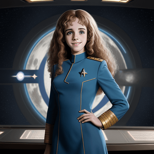 AI generated: 1969 portrait of Hermione Granger, Star Fleet ensign, smiling, wearing an all-blue minidress uniform...