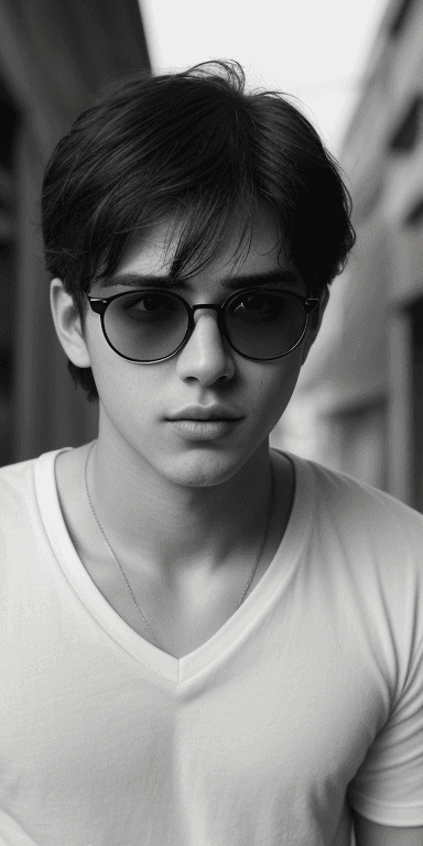 AI generated: lonely boy in brazil, ray ban glasses, (in v neck Tshirt:1.4) , symmetrical eyes, (aegyo sal:1) , (e...