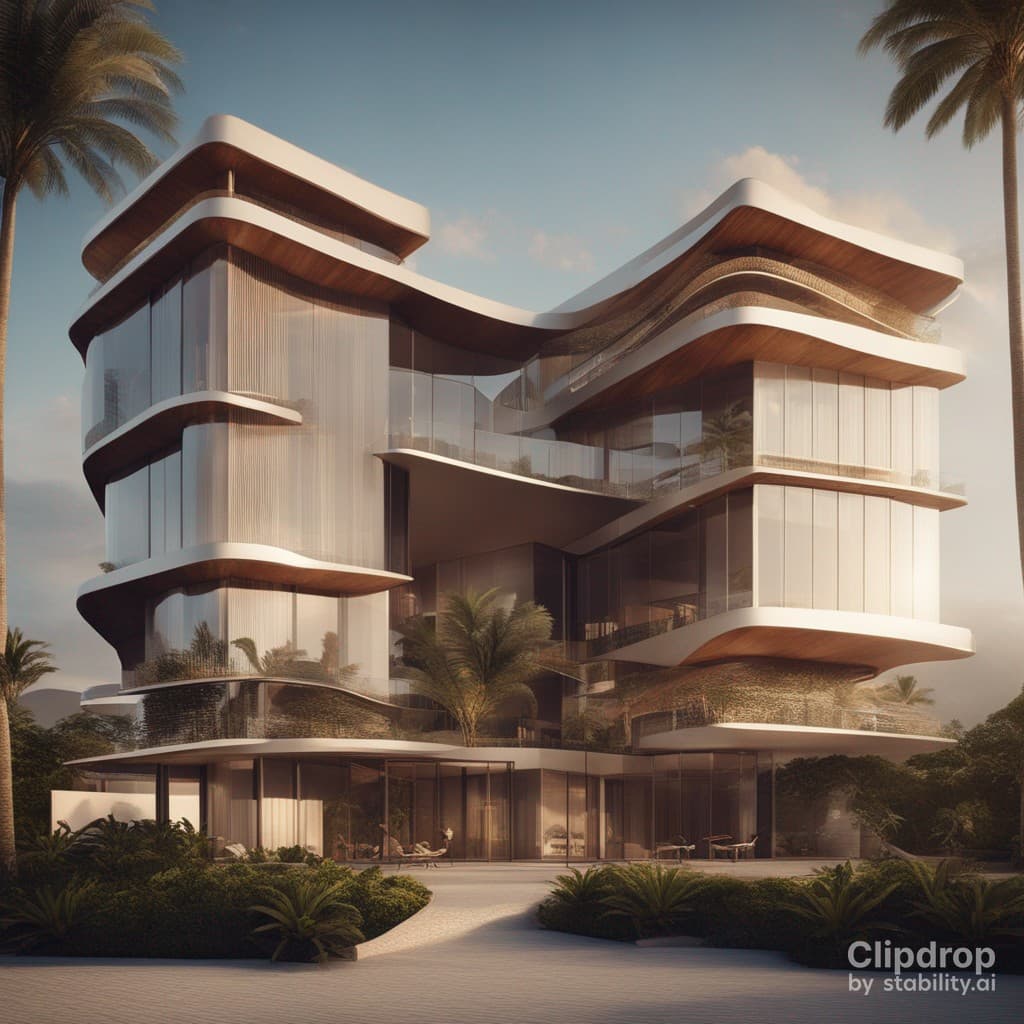 AI generated: Stylish modern building with smooth facade lines design in African patterns:: ultra modern::1 tropic...