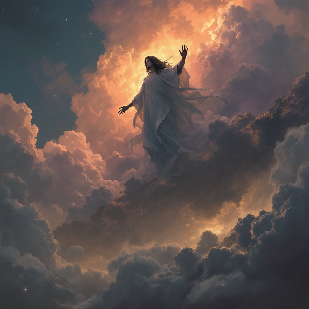 AI generated: Spirit in the sky. Depicted in the style of Andreas Rocha. Set against a detailed and atmospheric ba...