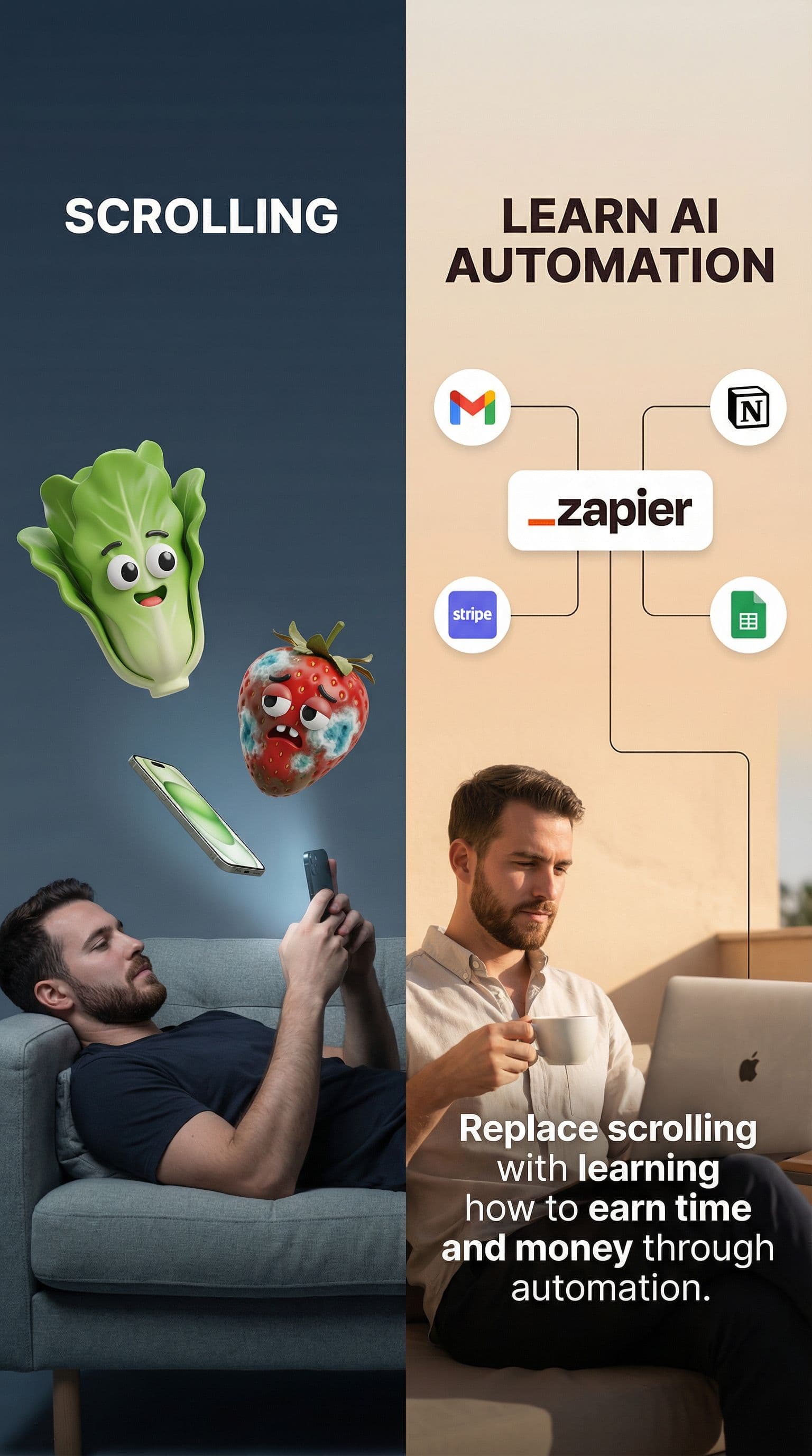 AI generated: Minimal split-screen advertising image with a clean, modern lifestyle aesthetic.
The image is vertic...