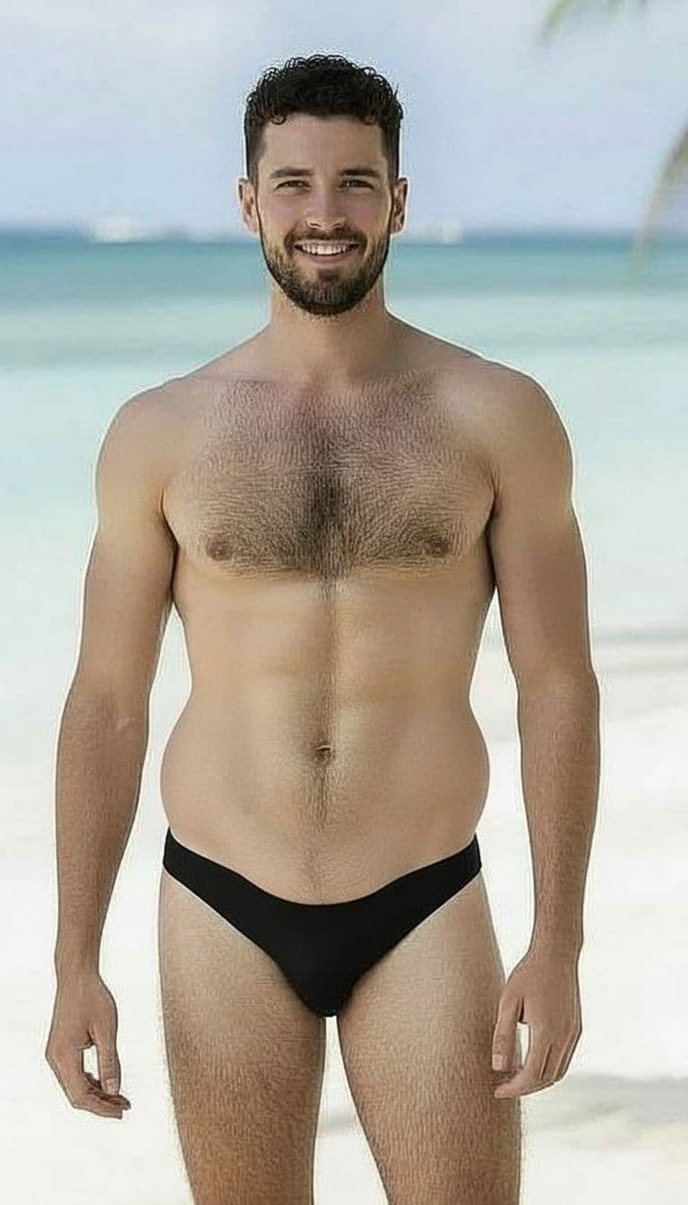 AI generated: Make bulge at front of swimsuit hang down two times lower and make bulge at front of swimsuit twice ...