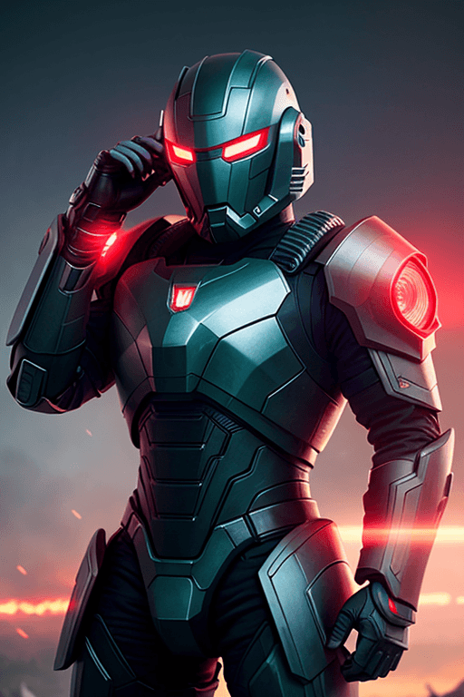AI generated: a photo of red sci-fi armor with cyber helmet, lights on cyber mask, insulated armor, angry, active ...