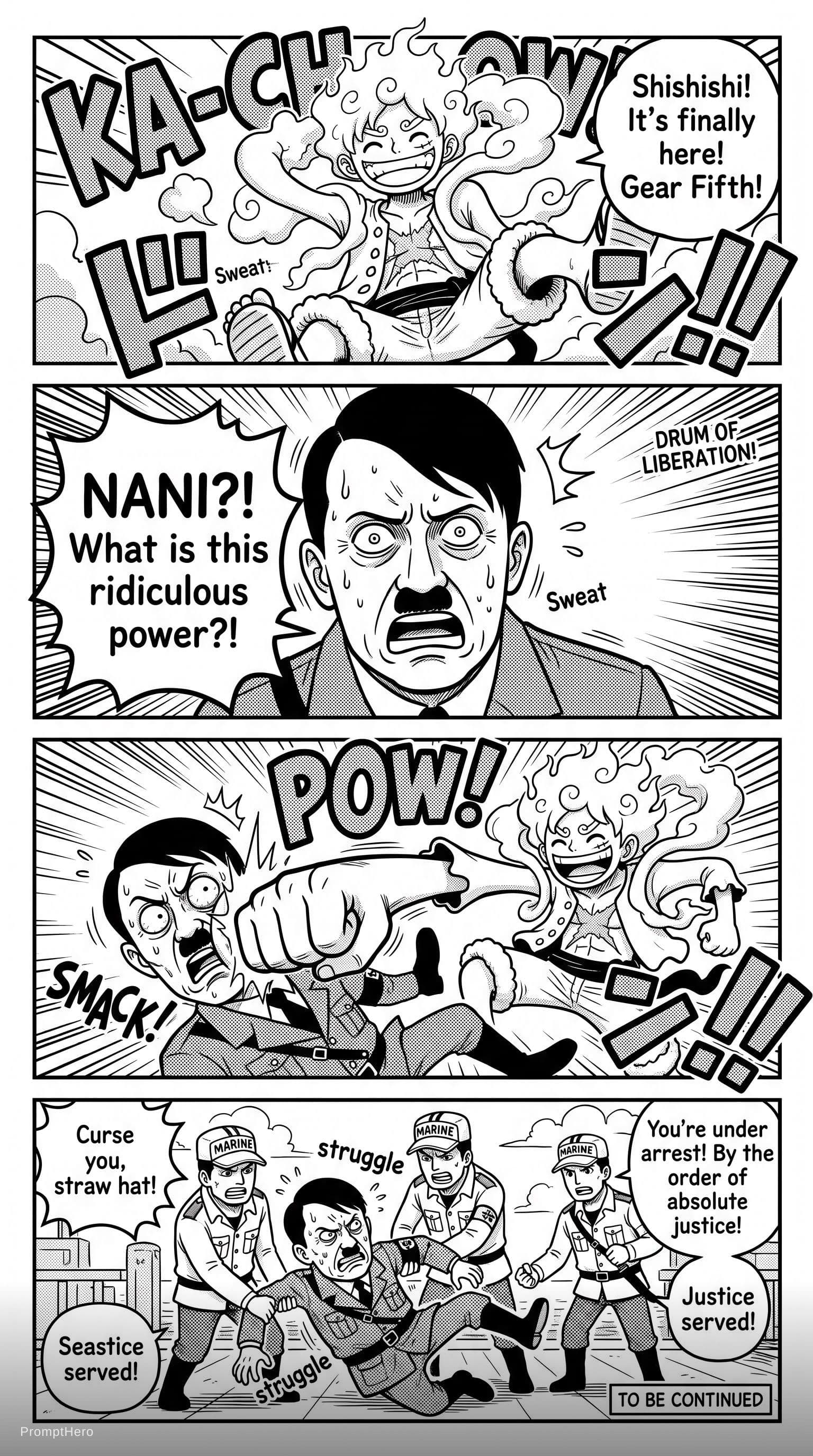 AI generated: I want a fan-made One Piece manga image of Luffy transforming into Gear Fifth. In a second frame, Hi...