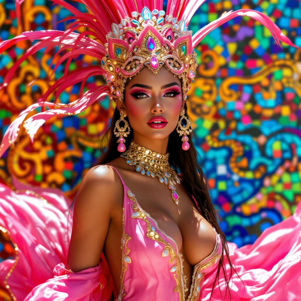 AI generated:  Indulge in the seductive spectacle of a ravishing goddess adorned in hues of pink and gold, captiva...