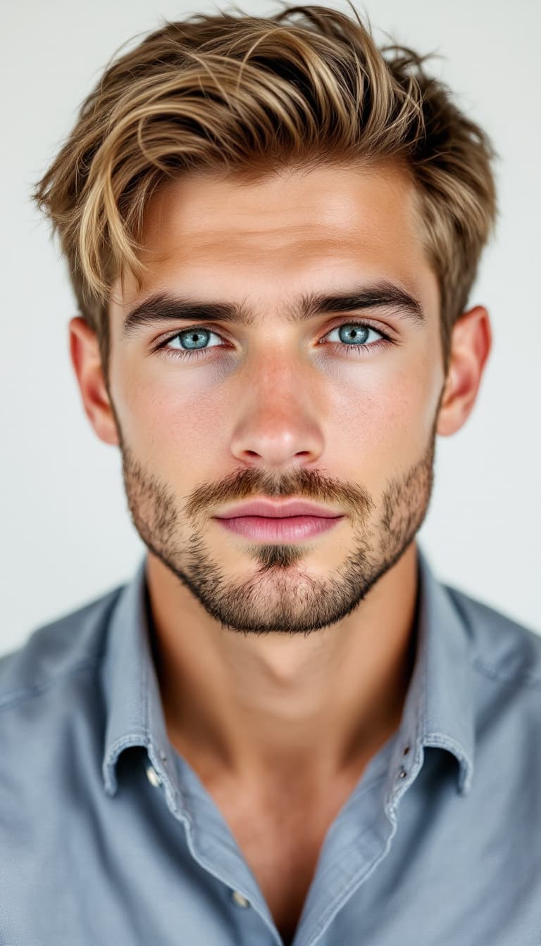 AI generated: Photography, Handsome and innocent American blonde image. He is wearing a dress shirt and looking st...