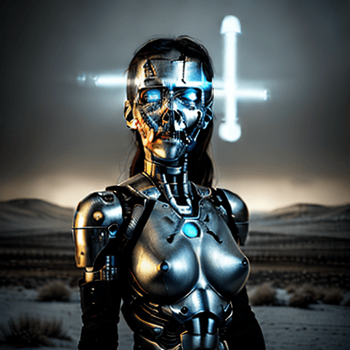 AI generated: A mesmerizing photograph capturing the ethereal beauty of the Terminator Girl, with her cyborg featu...