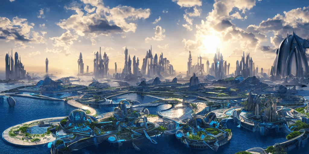 AI generated: futuristic high-tech realistic city of Atlantis in late afternoon light, wispy clouds in a blue sky ...