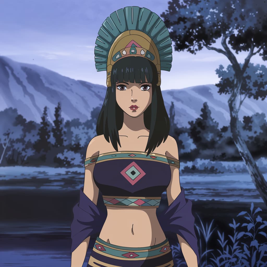 AI generated: Plano medio estilo anime de una mujer azteca latina con cabello oscuro de longitud media y un tocado...