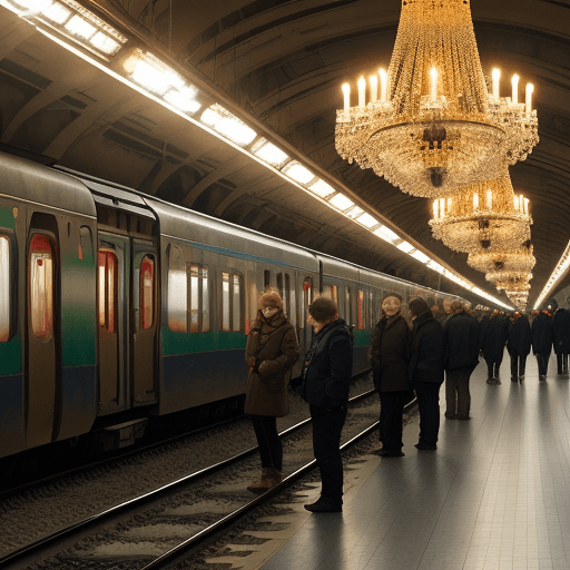 AI generated: People waiting beside empty train tracks in a Russian underground station with chandeliers 