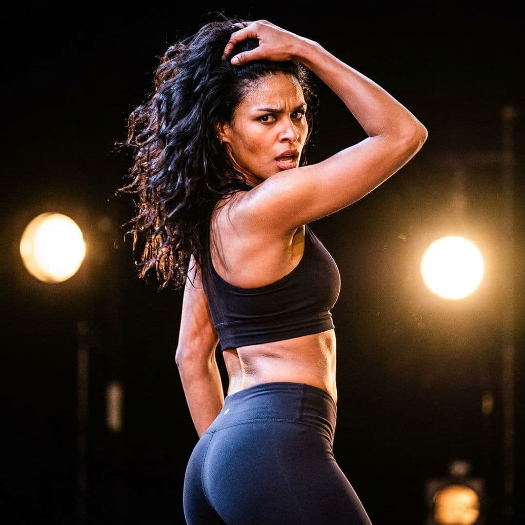 AI generated: {
  "subject_and_concept": {
    "subject": "A dynamic female dancer captured mid-performance.",
   ...