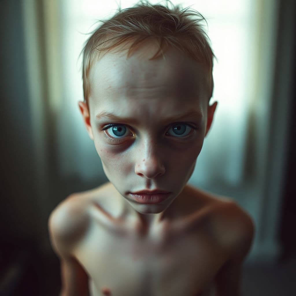 AI generated: unsettling barely-human thing looks directly into camera, hyper realistic