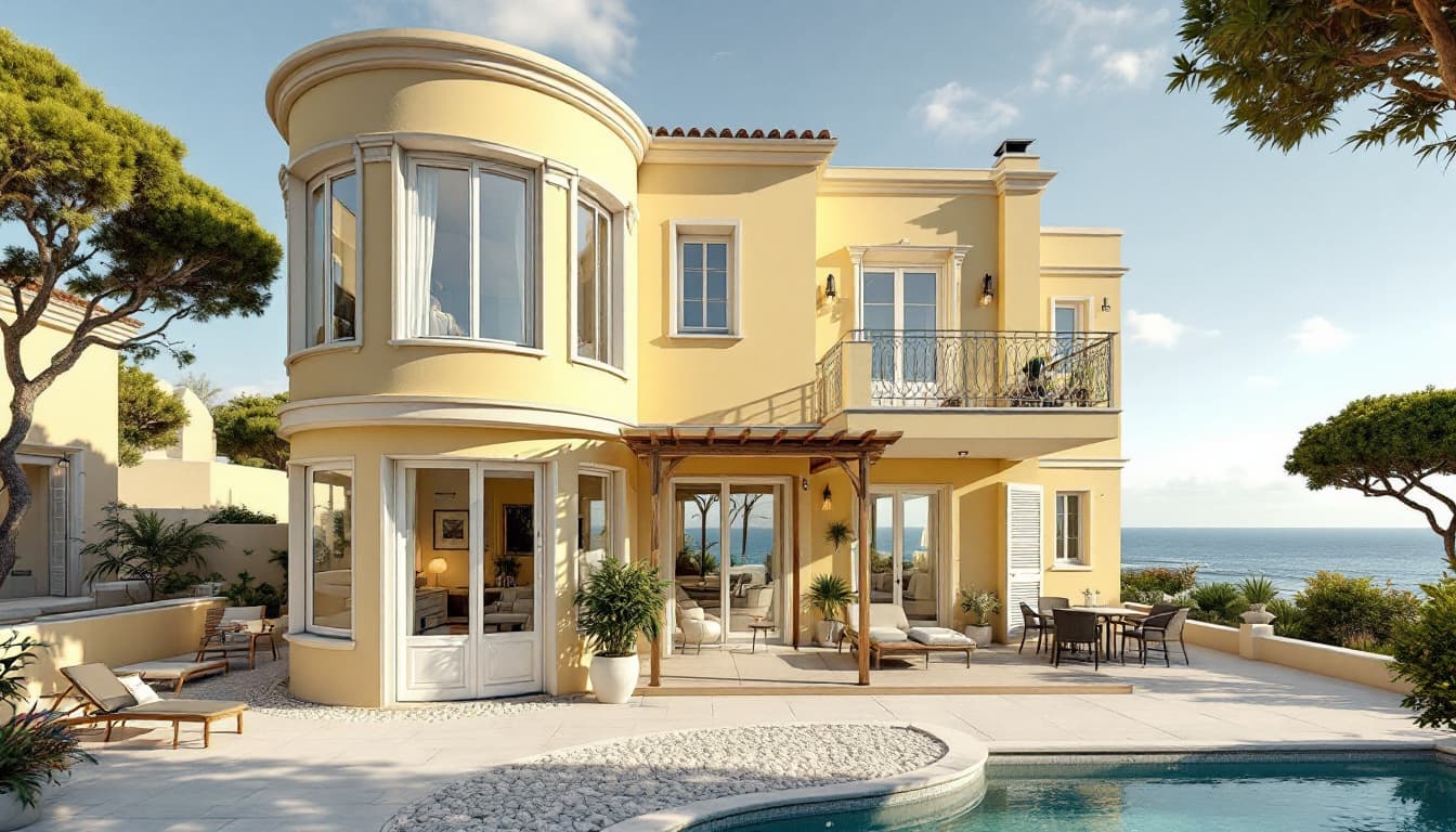 AI generated: two floor light yellow classical house with an oval corner on one side with 
 big windows from ceili...