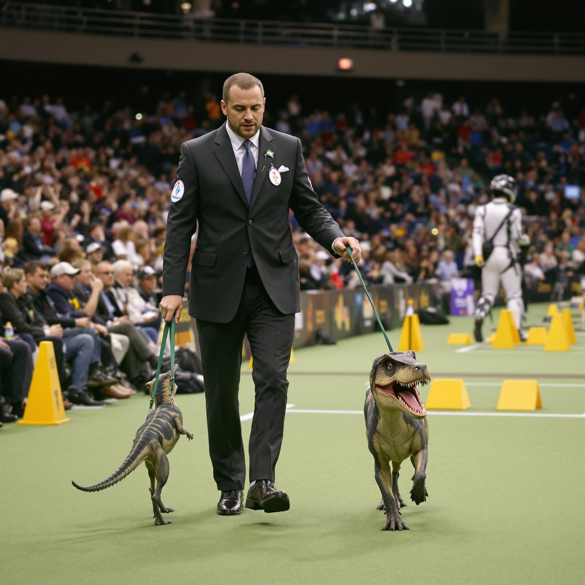 AI generated: in the style of Crufts, a highly realistic man is walking round with a detailed pet velociraptor on ...