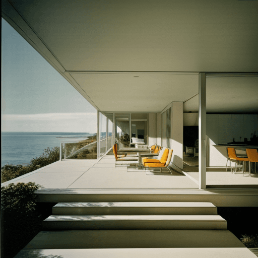 AI generated: Hyper realistic eye level exterior photo of a mid century modern style house overlooking the ocean, ...