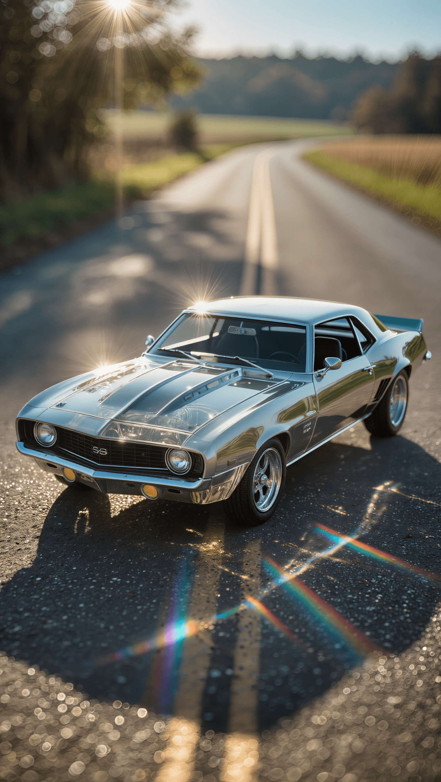 AI generated: A hyper-realistic 1969 Chevrolet Camaro RS made of solid optical-grade clear glass, front three-quar...