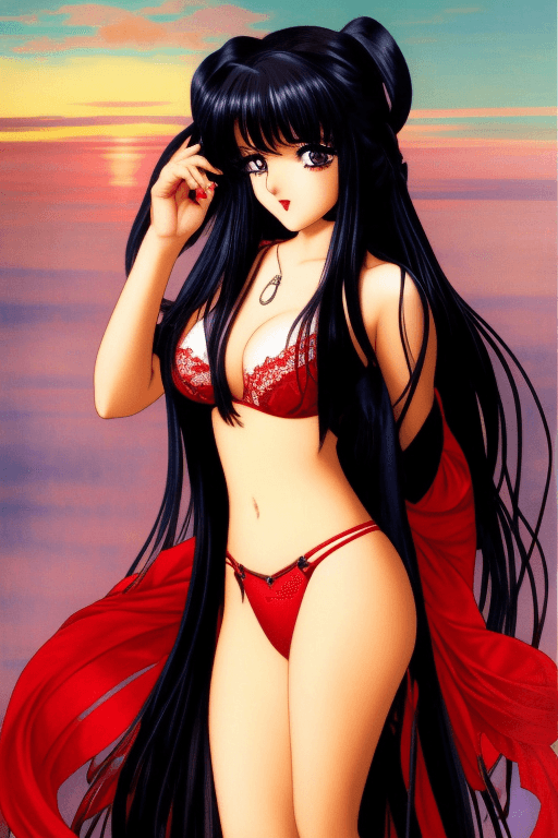 AI generated:  anieyes gril with long black hair wearing a red lingerie, a fine art painting by Anne Stokes, (sime...