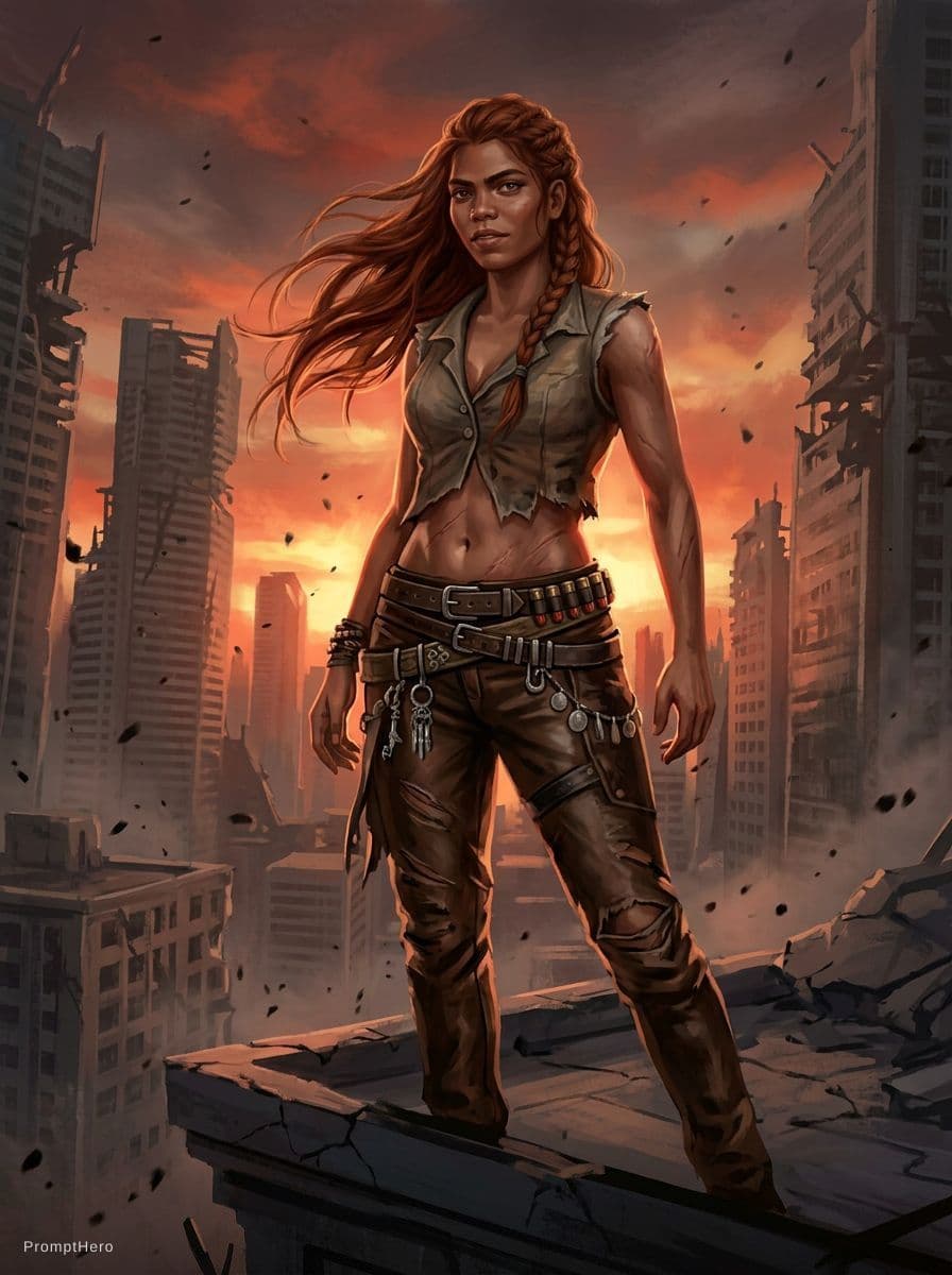 AI generated: A resilient female scavenger stands on the fractured edge of a ruined city as a blood orange sunset ...