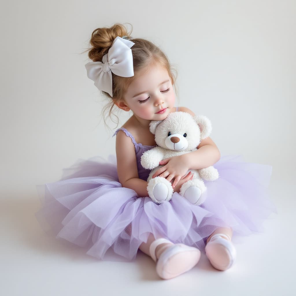 AI generated: A soft, cute, dreamy portrait captures the essence of a young ballerina dressed in a light purple tu...