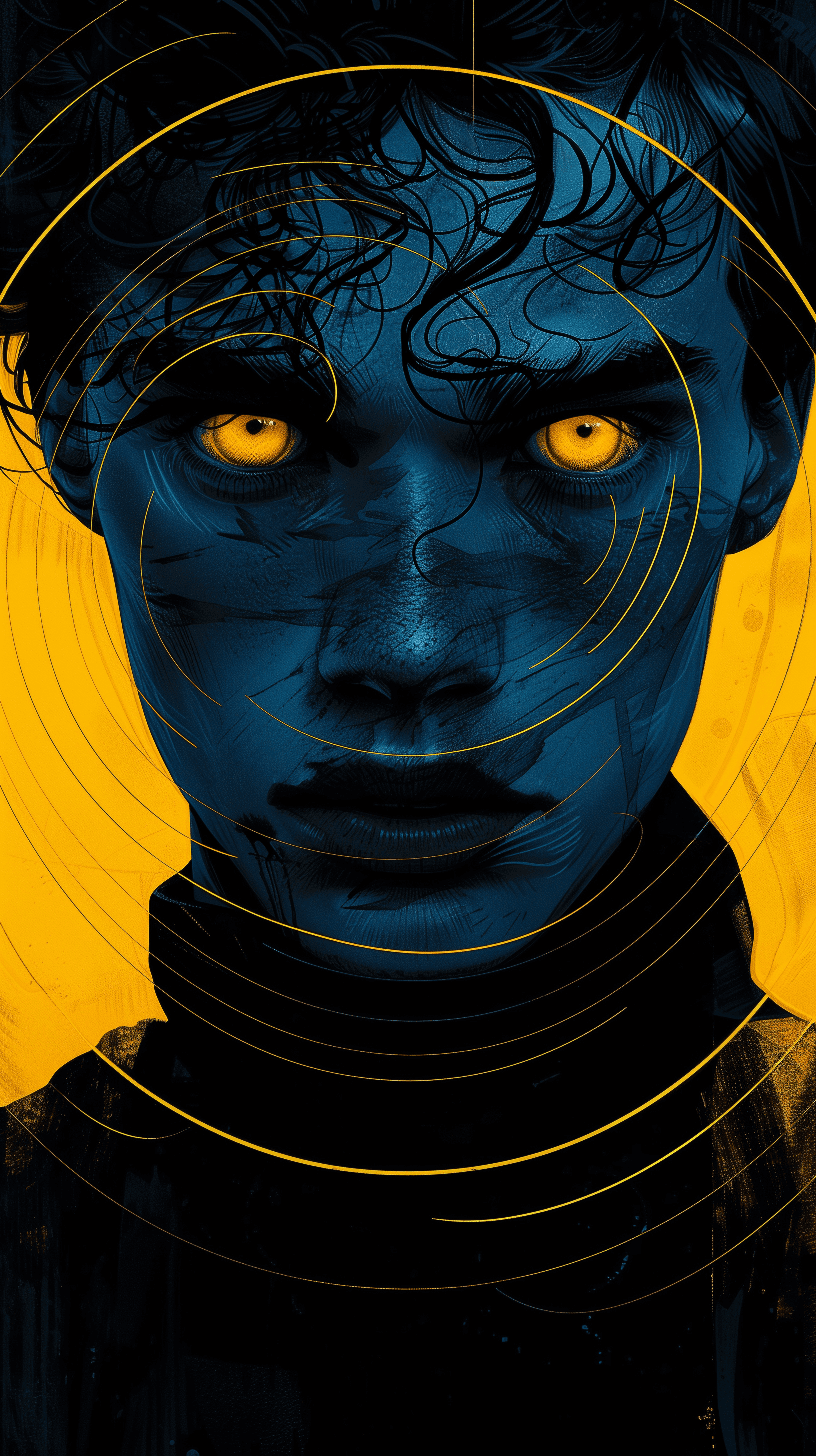 AI generated: illustration, man, front, gaze, yellow eye, consisting of black and yellow with blue limit three col...