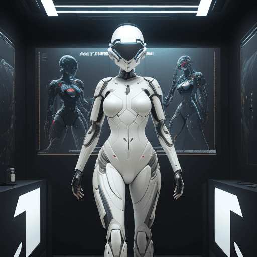 AI generated: fullbody armed female figure in a white sci-fi suit, detailed cyber helmet, bald head, lights on cyb...