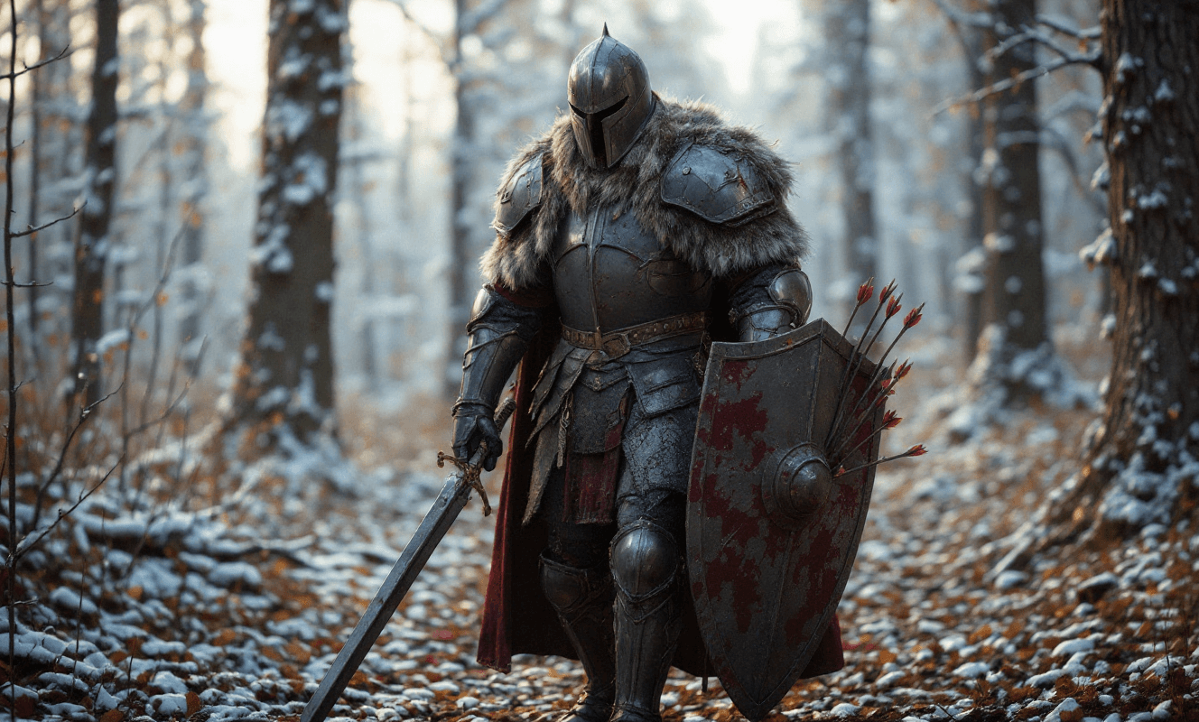 AI generated: This knight stands, somewhat wounded, with blood stains. His right arm is very wounded, with some ar...