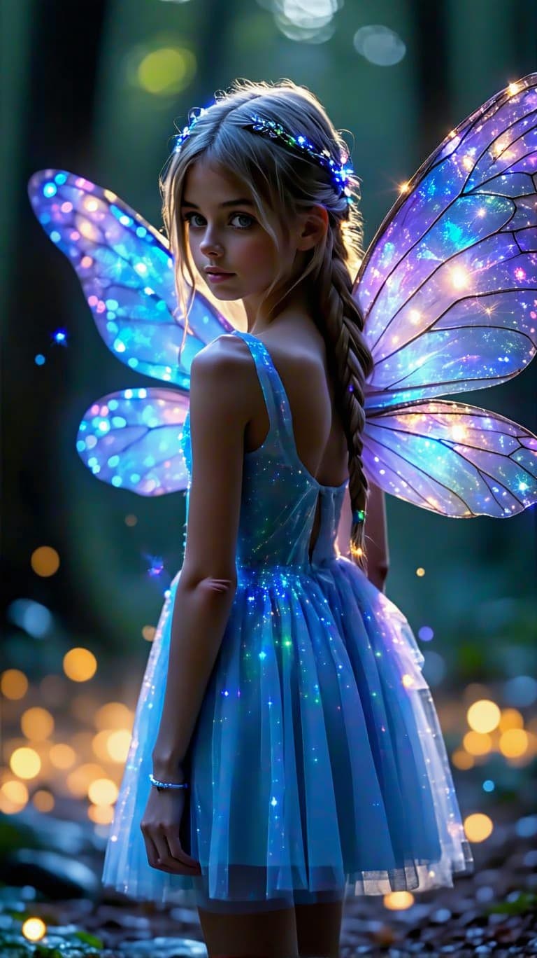 AI generated: A professional photo of a realistic of a Fairy  tween (full Body) with shimmering dragonfly wings, c...