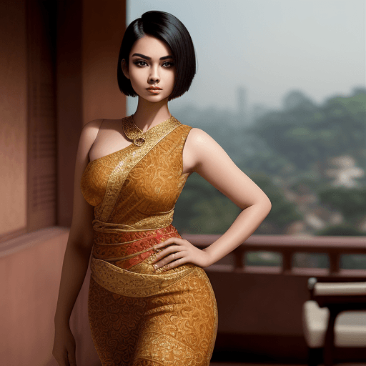 AI generated: A portrait of a young beautiful girl, under cut hair style, "slim with curves", Indian batik outfit,...
