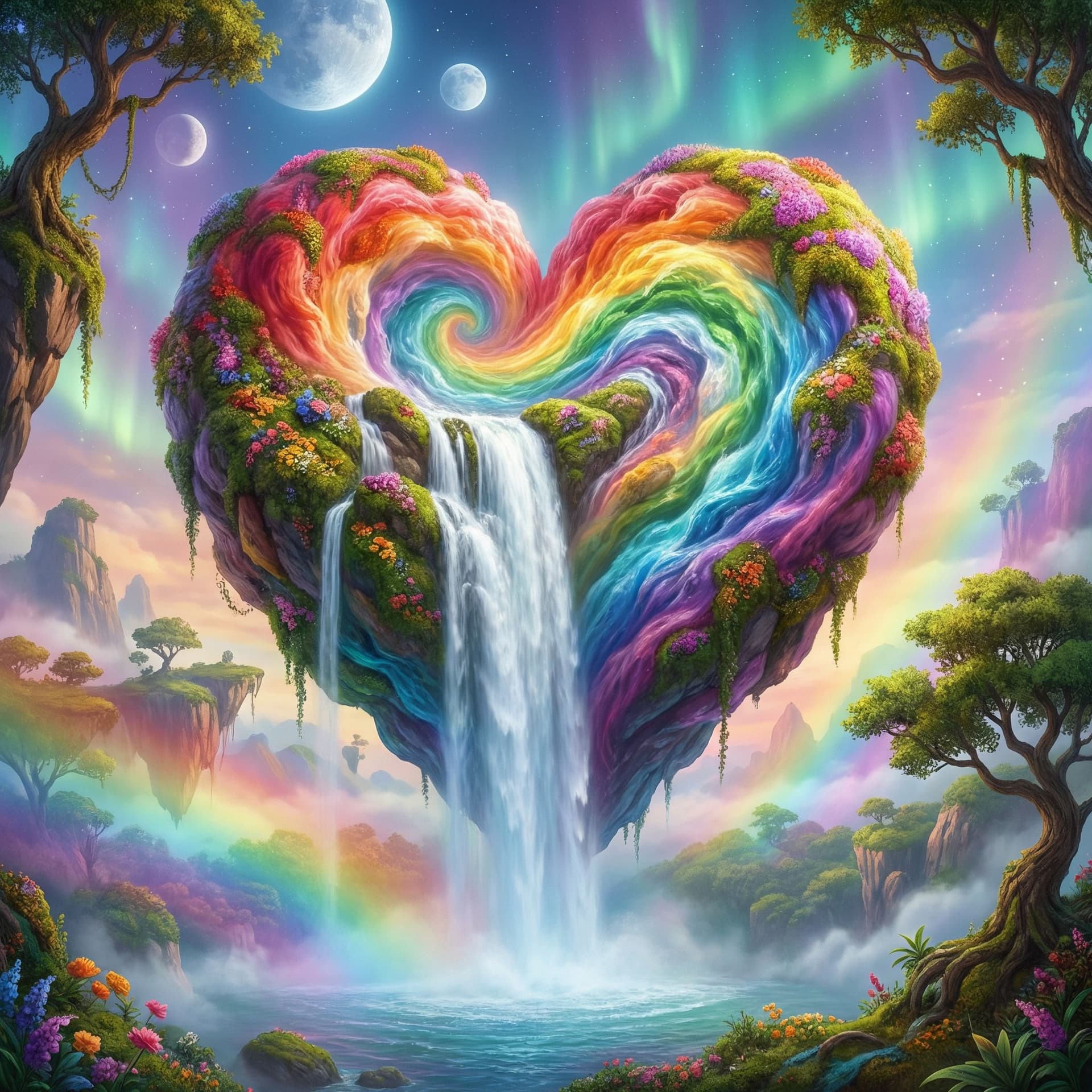AI generated: 4K HD fantasy realism image of a puffy heart made in rainbow colors with a waterfall down the middle