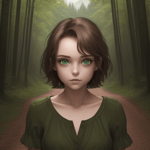 AI generated: a girl with an eye on her forehead green eyes short brown hair dark clothes a forest in the backgrou...