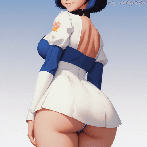 AI generated: small head, perfect noise, smile, a woman pawg ass in a white dress with a blue collar, portrait kni...