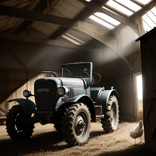 AI generated: A vintage grey ford tractor in a dusty old barn with chickens and a collie dog it is atmospheric wit...