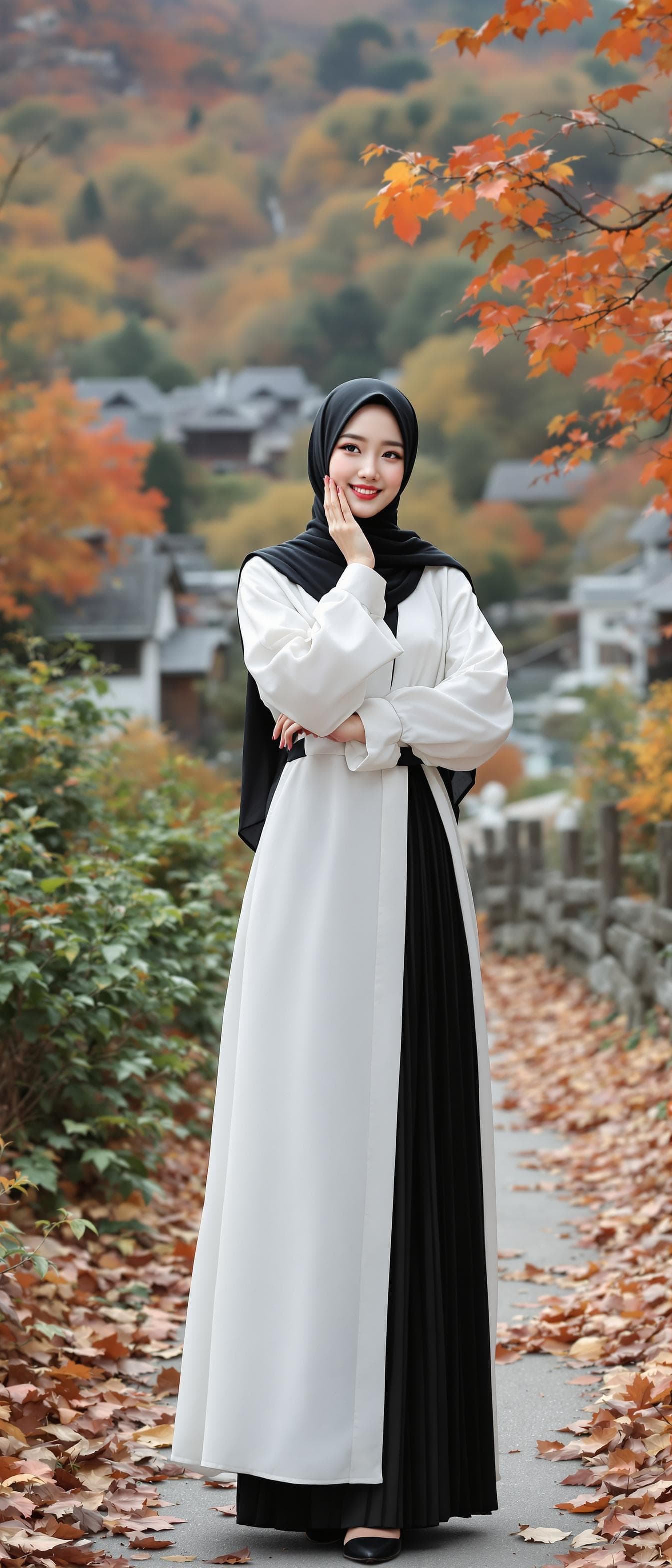 AI generated: realistic, japanese girl, beautiful girl, full body, ulzzang face, shot front middle, hand on cheeks...