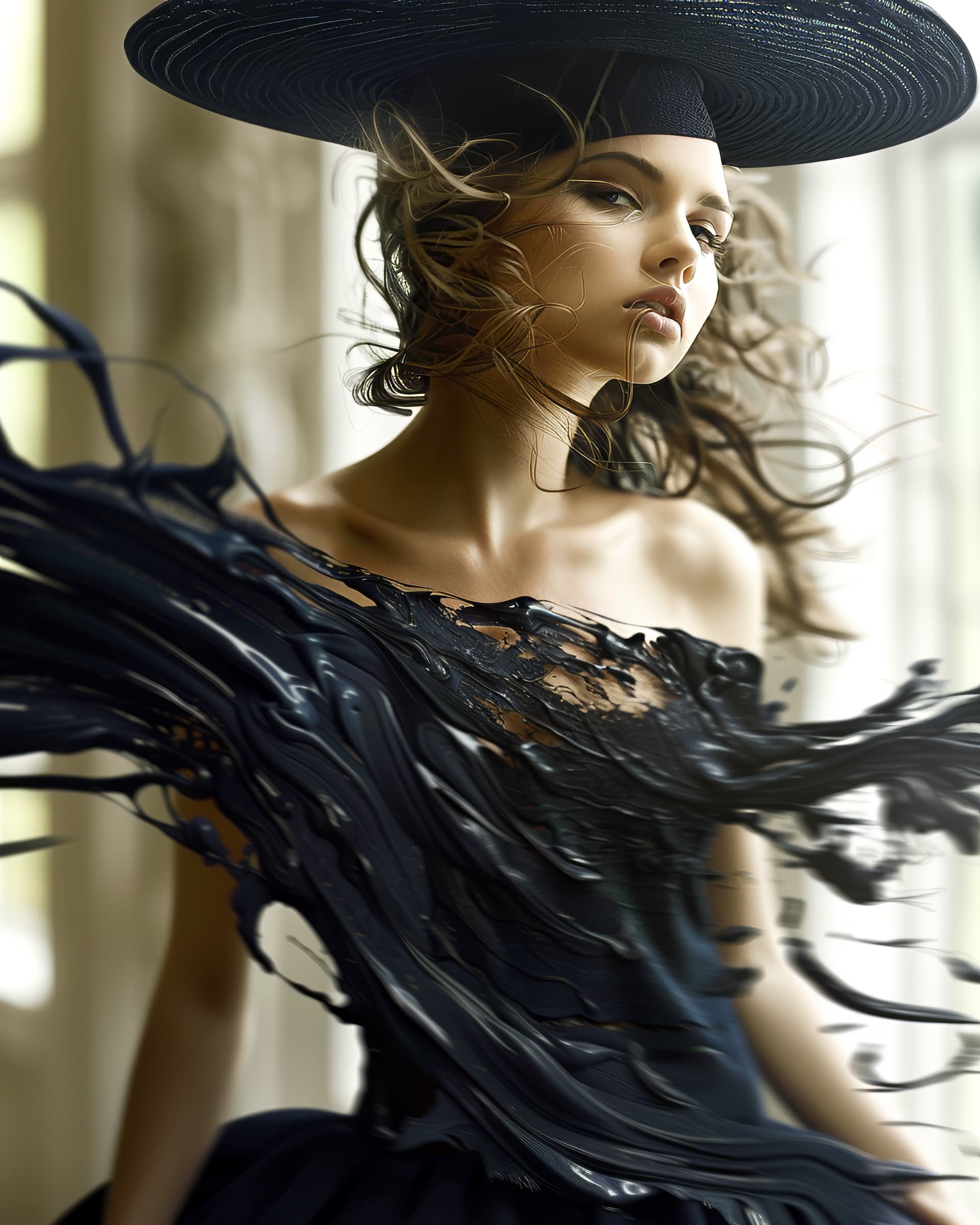 AI generated: a spontaneous, graceful, simple, semi-abstract fashion ad. --ar 4:5 --s 1000 --c 100 --w 1000
