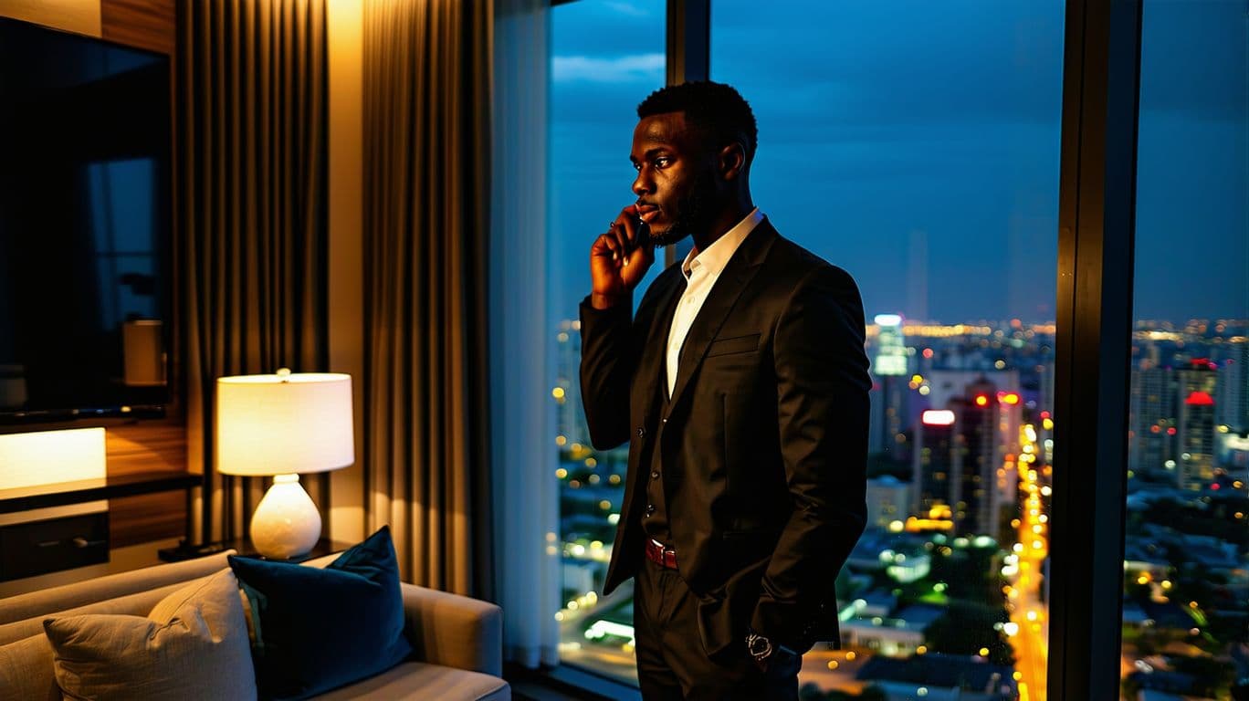 AI generated: In a luxurious modern apartment at night, Alexandre, a 26-year-old Black man with dark skin, stands ...