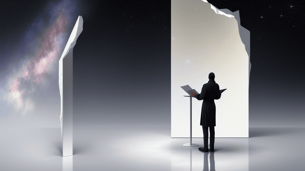AI generated: a man standing at a lectern, teaching at the precipice of a white room that breaks away to show the ...