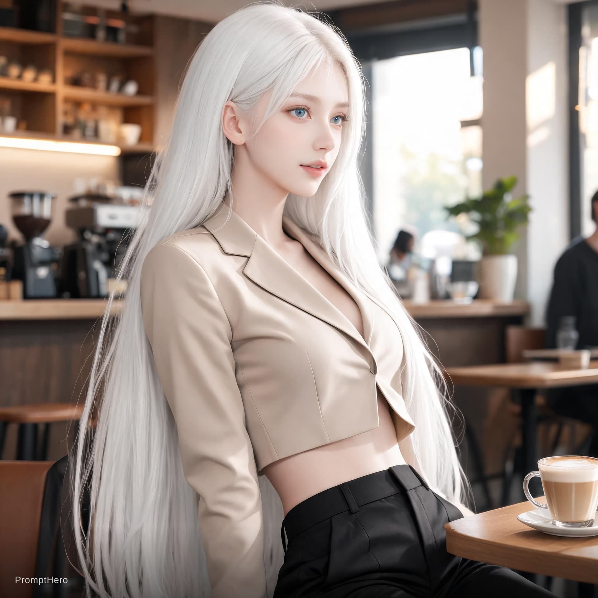 AI generated: Mujer adulta de 22 años, piel clara, cabello blanco largo y liso, ojos claros, figura estilizada y a...