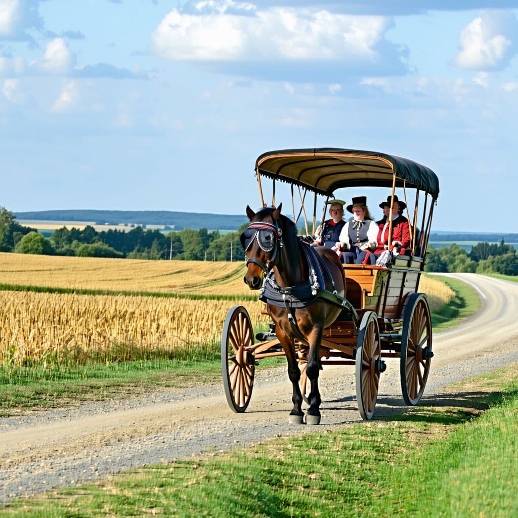 AI generated: A wooden horse carriage with 3 people onboard on a dirt road advancing in a 18th century Neatherland...