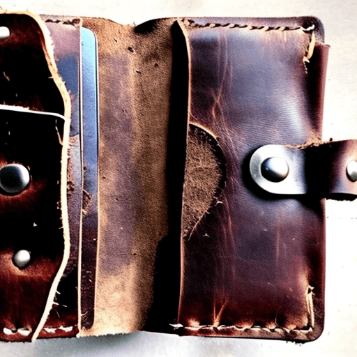 AI generated: The inside of an abandoned leather wallet with no cash or credit cards inside. Style: goth
