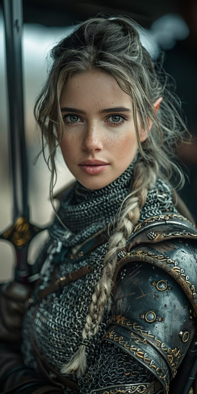AI generated: Elf, warrior woman in chainmail armor wielding a sword. She is a fierce warrior on the battlefield, ...