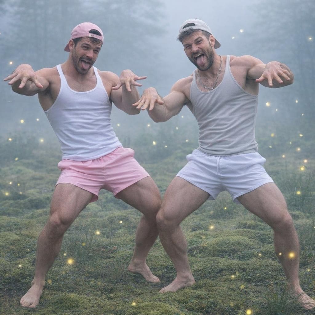 AI generated: Make these men standing in mossy field while doing a silly dance with one wearing light pink short s...