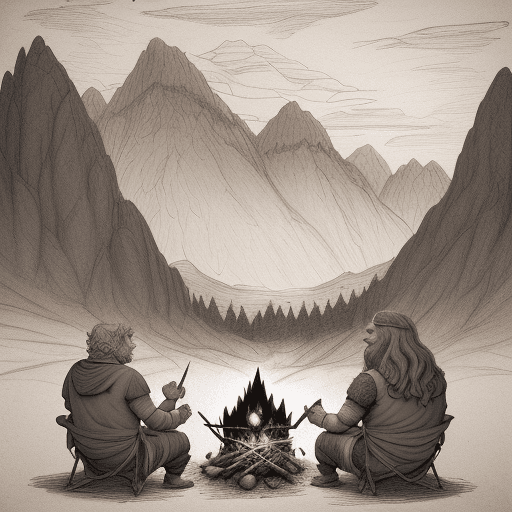 AI generated: 3 mountain trolls are sitting around a campfire and Bilbo is watching to them from far away. The fig...