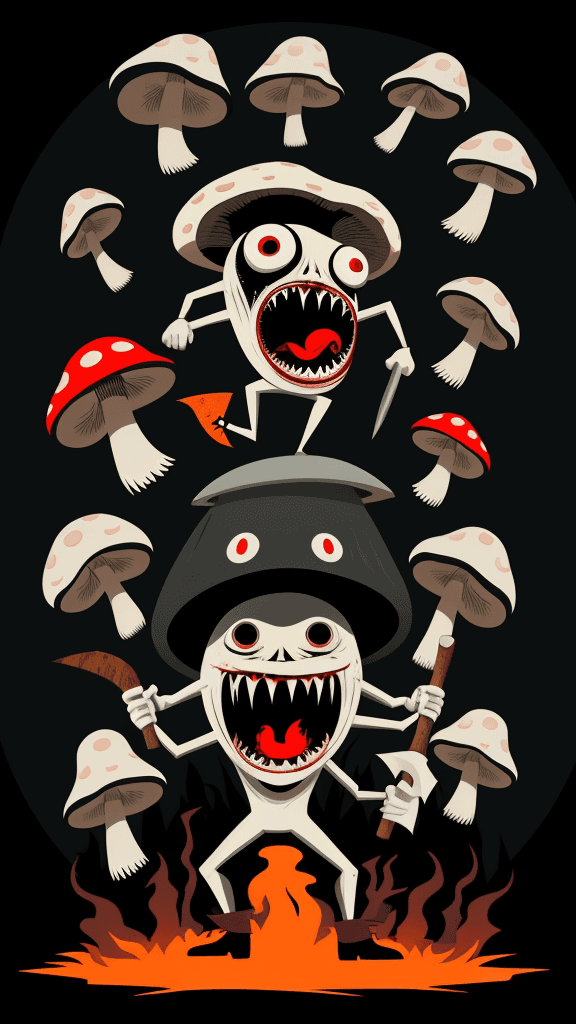 AI generated: vector horror art on the diverse background, a screaming crazy anthropomorphic evil mushroom with a ...