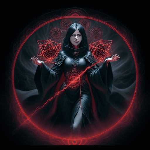AI generated: A female warlock with long black hair wearing a black cowl and ornate robes of red and black, Castin...