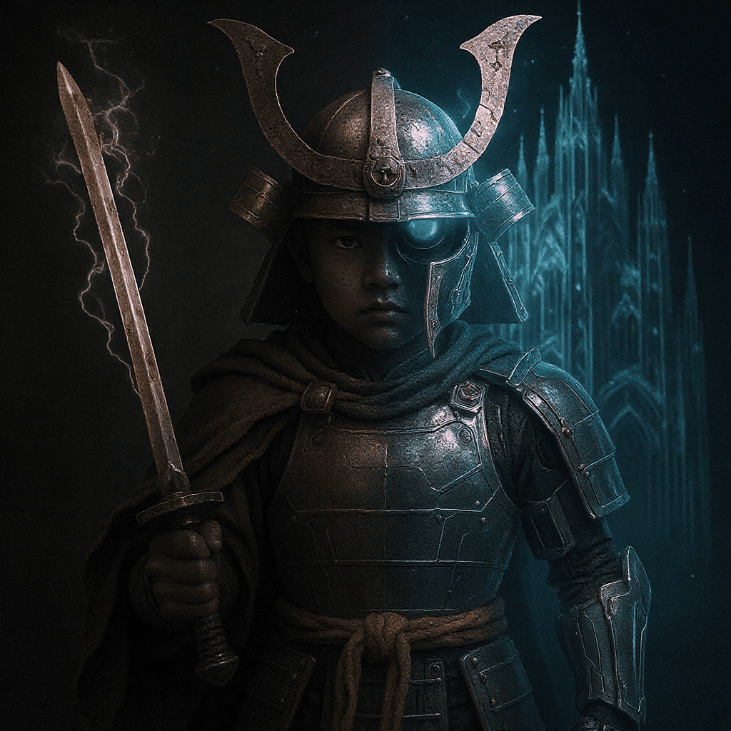 AI generated: dystopian magician boy transforms vintage samurai to futuristic,against a holographic cathedral back...