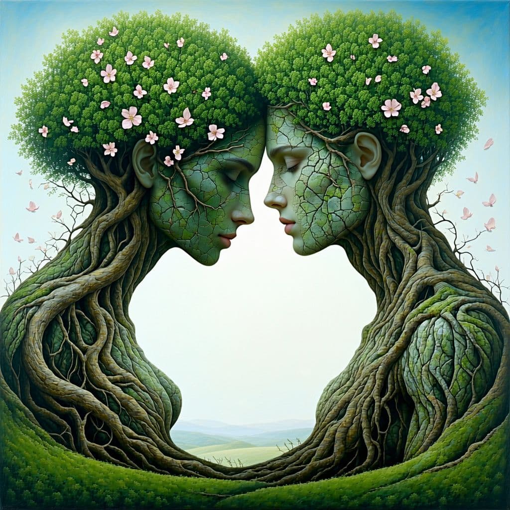 AI generated: A captivating surreal artwork featuring a mesmerizing fusion of human and nature. A male and female ...