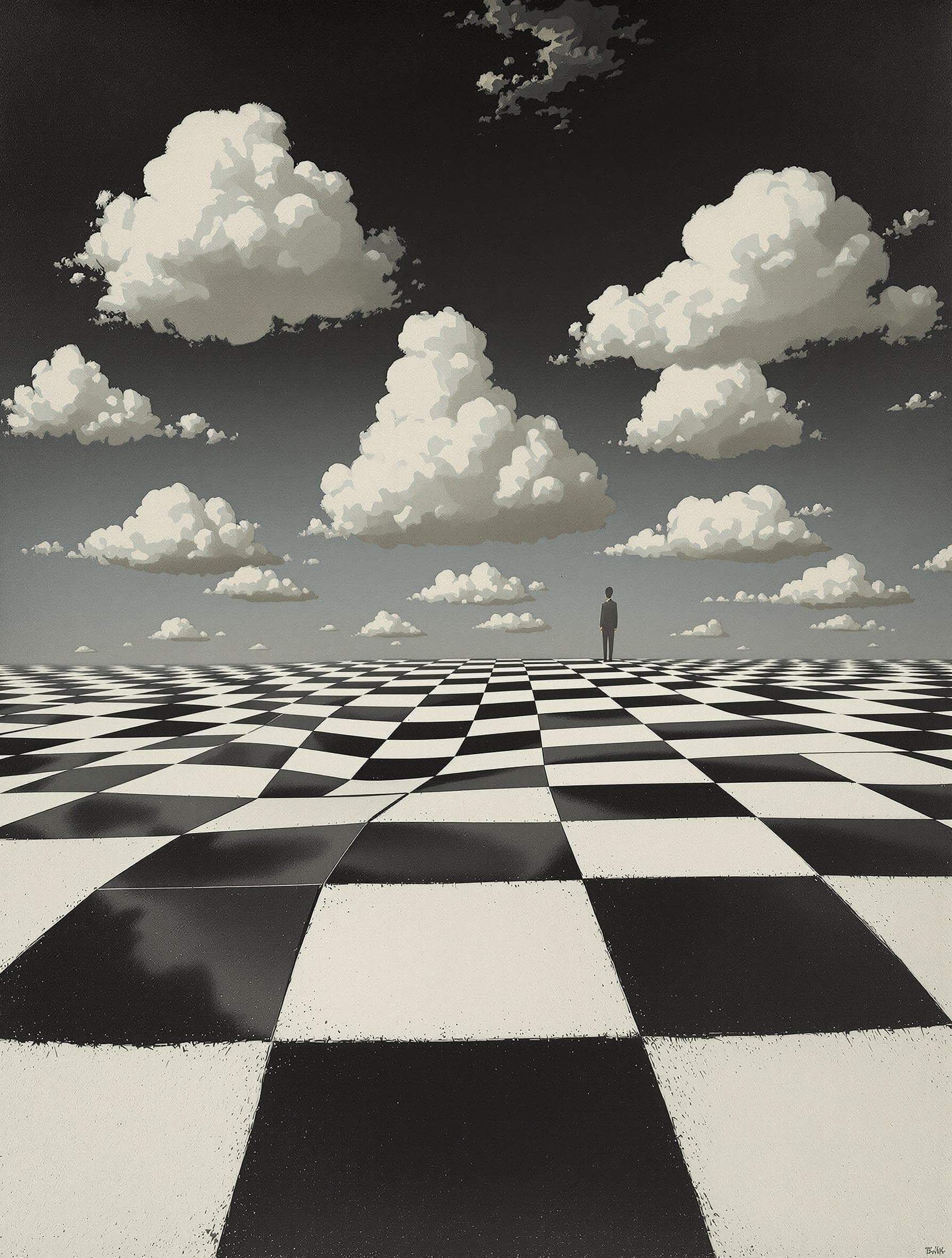 AI generated: A surrealist painting in the style of René Magritte shows clouds floating across the sky leaving fai...